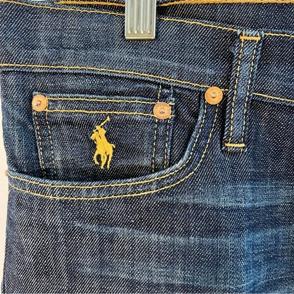 Ralph Lauren Sport Jean Shorts Womens 31 Blue Denim Cotton Flag Logo Dark Wash - Picture 2 of 4